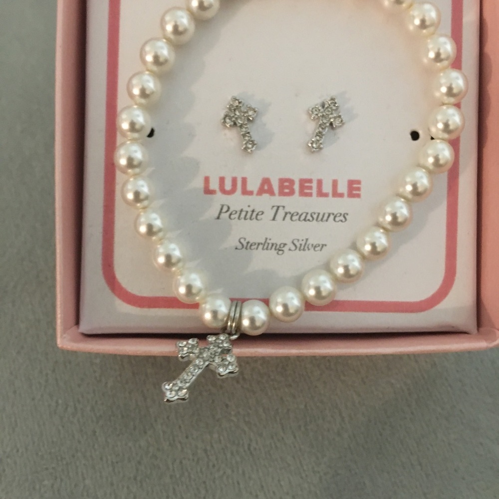 Infant pearl crystal cross bracelet and earrings.